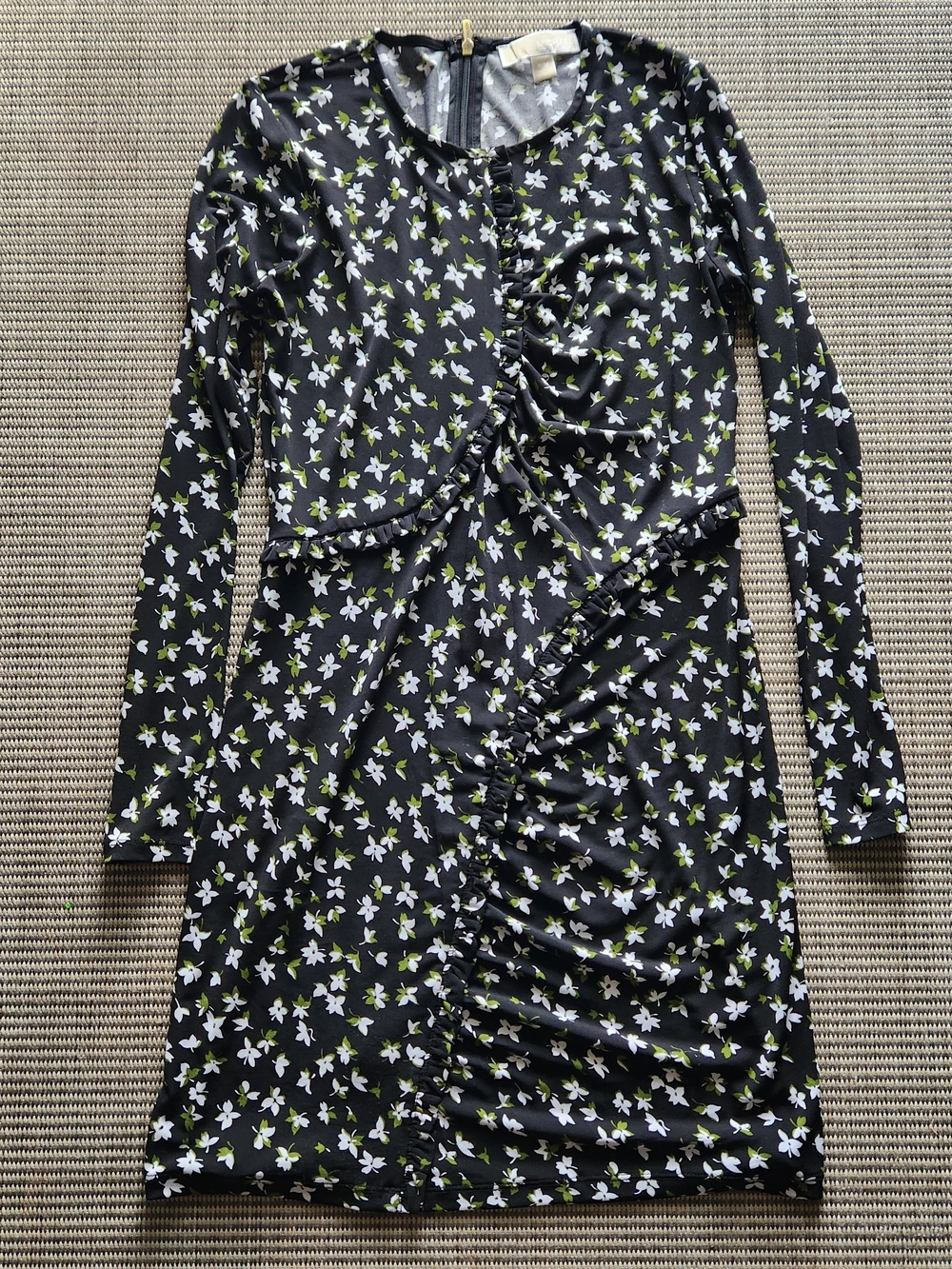 MICHAEL Michael Kors Petite Medium PM Black Floral Ruched Ruffle Front Mini Dres